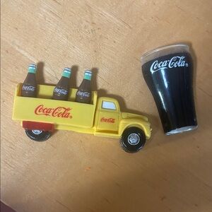 Vintage 2 Magnets Coca Cola Yellow Delivery Truck w/mini bottles & Coca-Cola Cup